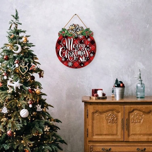 NWT- Beautiful Merry Christmas Red Buffalo Check- Round Wooden Decoration Sign - Picture 4 of 6